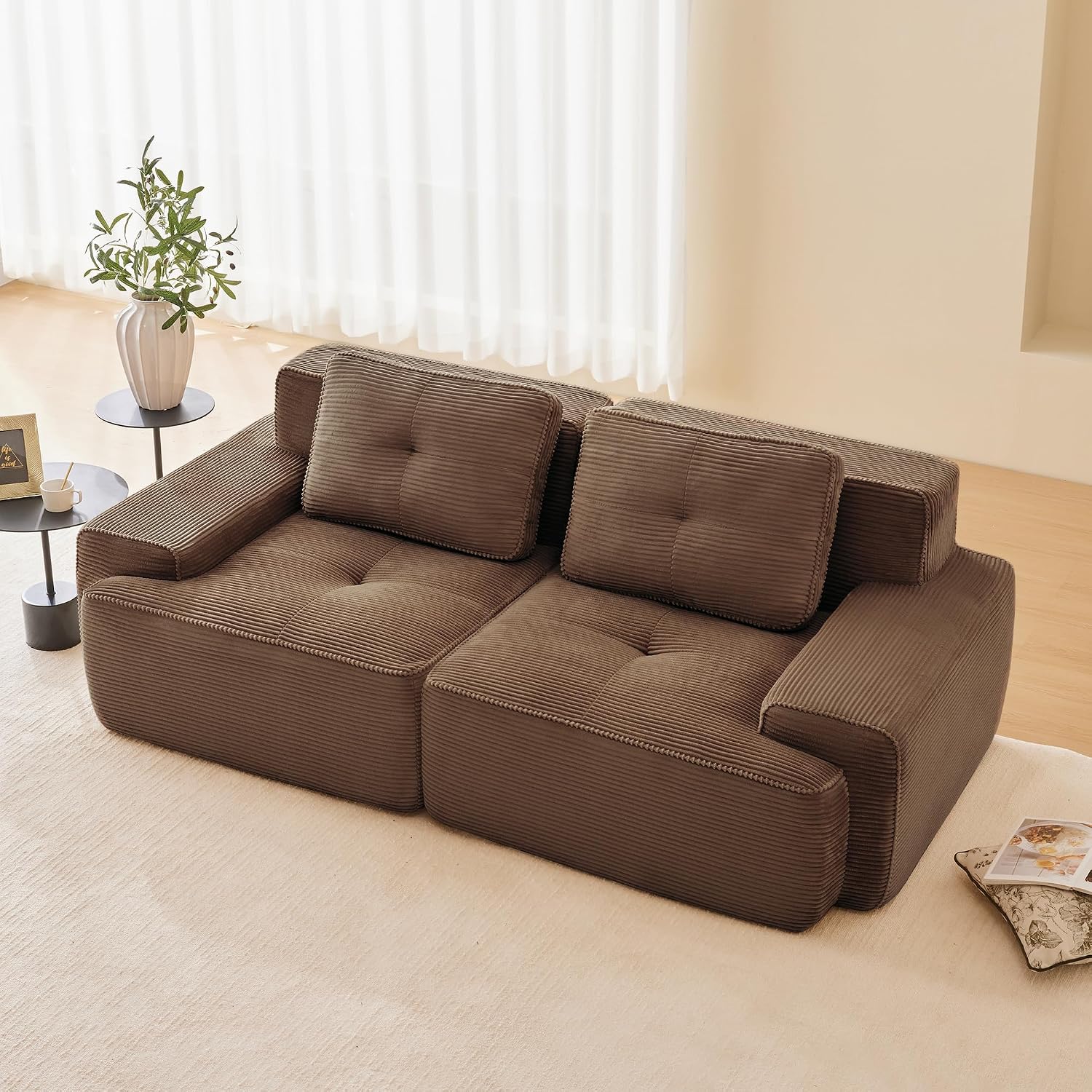 Canapé modulable en L Bladez – 3+1 places – Tissu côtelé kaki clair – Assise profonde