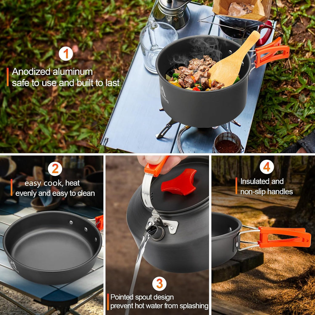 THTYBROS 17-delig kampeerkookgerei van hard geanodiseerd aluminium met 2 kopjes, borden, bestek voor wandelen, picknick
