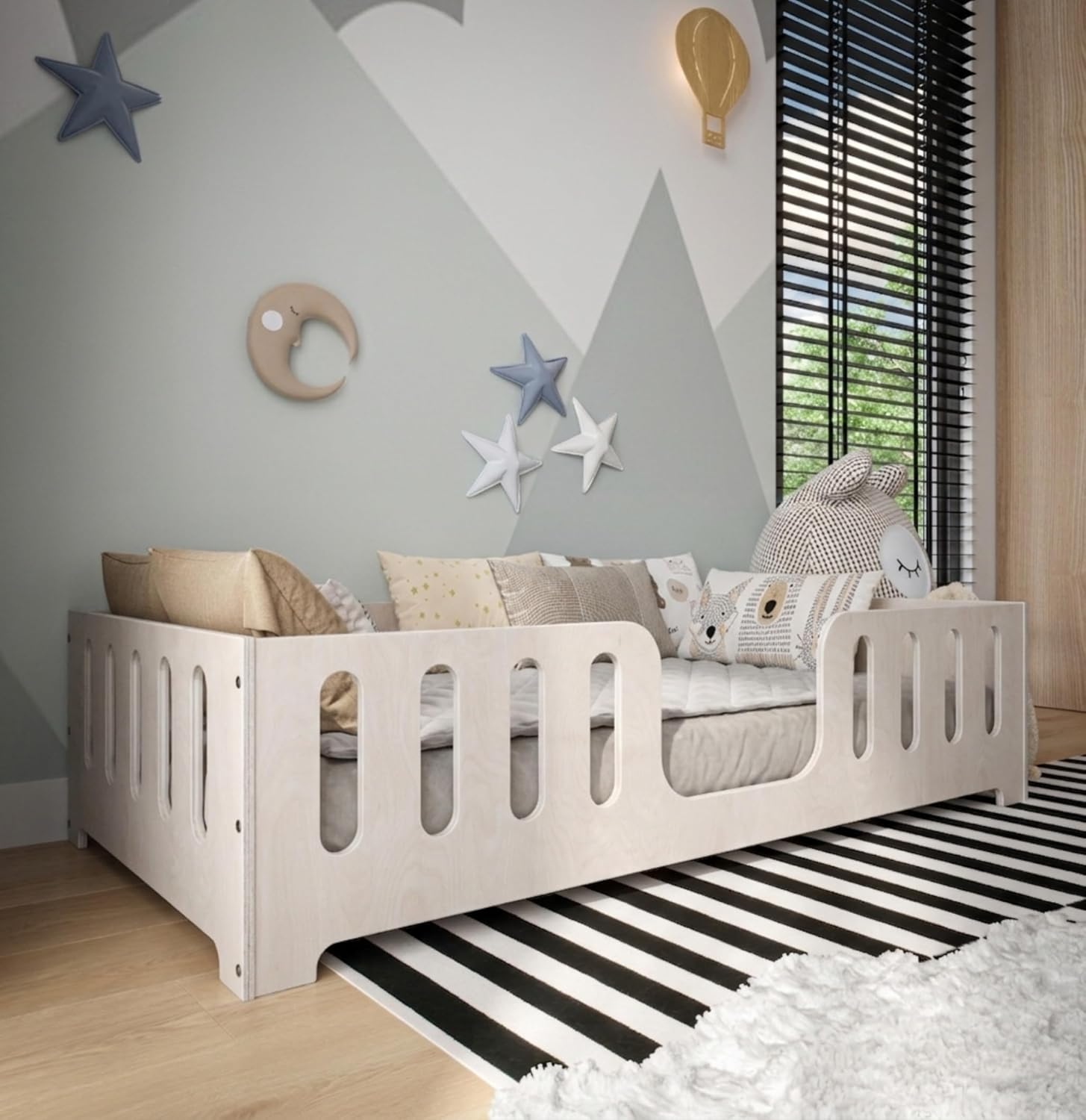 Lit Montessori Enfant 90 x 200 cm – Bois de Hêtre Naturel – Barrière de Sécurité & Sommier à Lattes