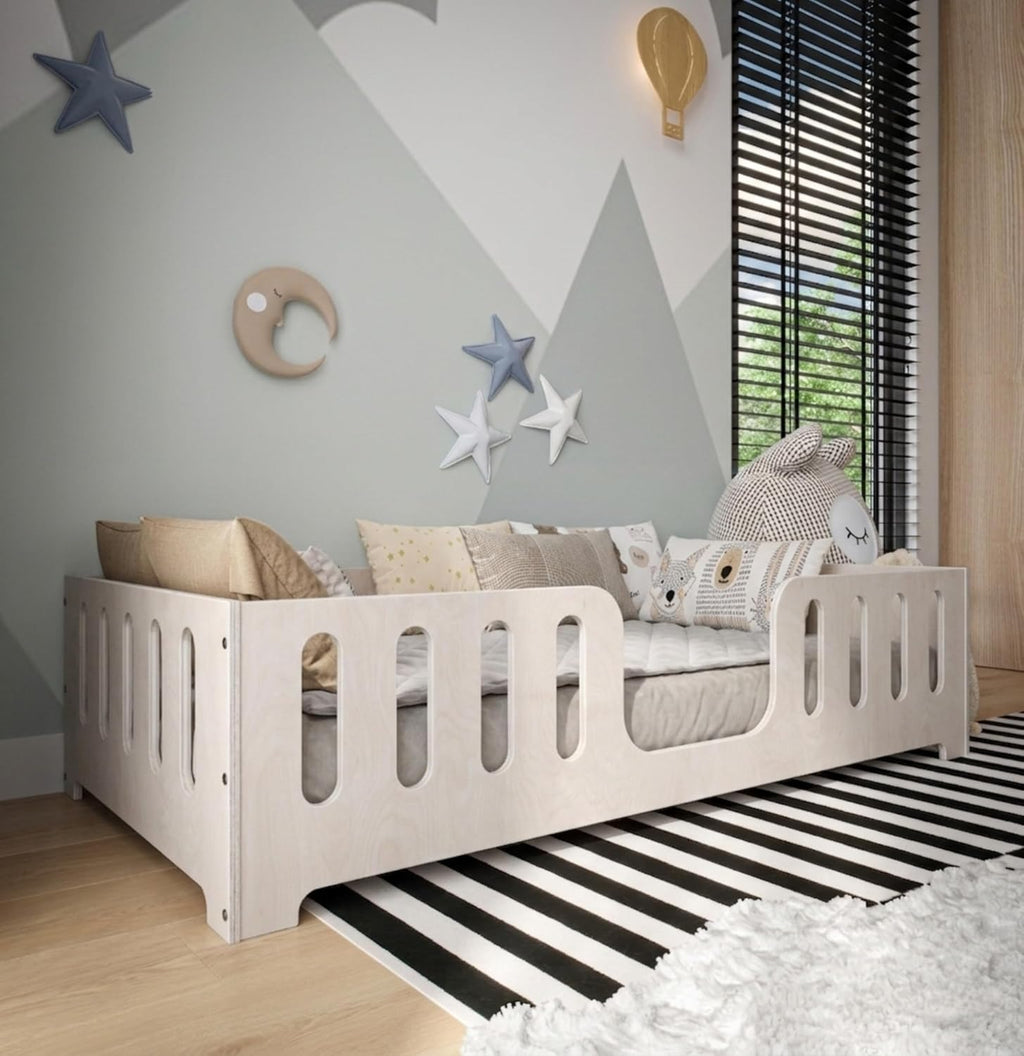 Lit Montessori Enfant 90 x 200 cm – Bois de Hêtre Naturel – Barrière de Sécurité & Sommier à Lattes