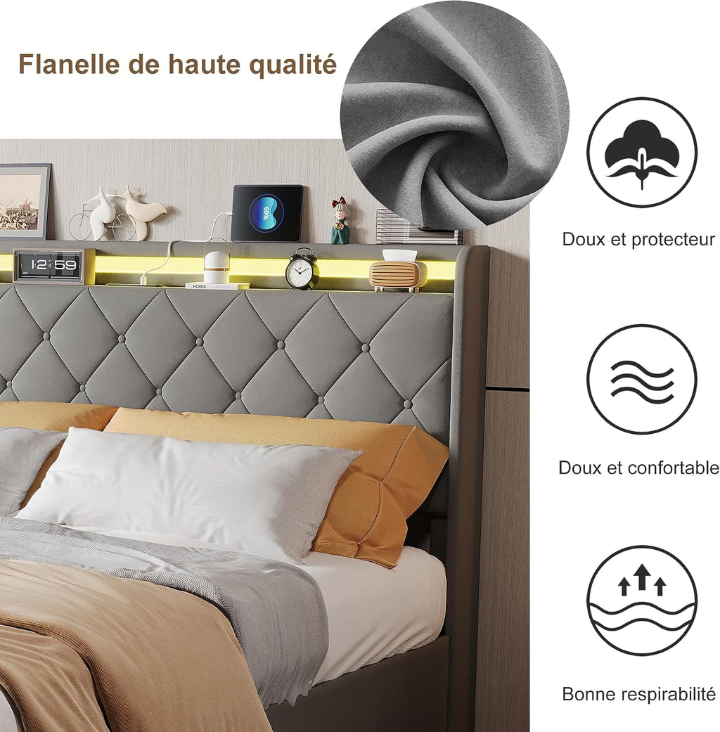 Lit Double 140x200 cm – 4 Tiroirs de Rangement, Éclairage LED +6000 Couleurs & Tête de Lit Réglable en PU