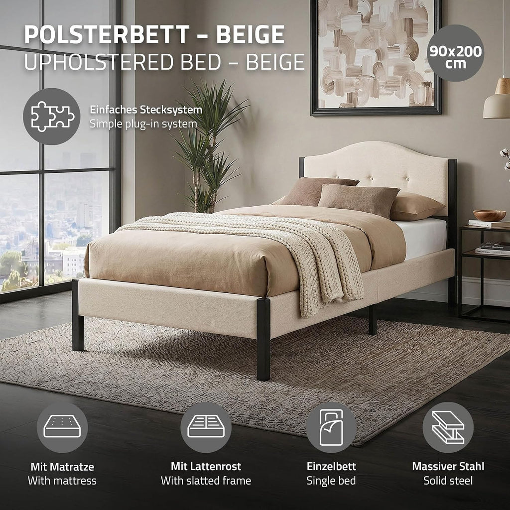 Lit Rembourré ML-Design | Cadre en Acier, Sommier à Lattes, Tête de Lit | Tissu Lin Beige ou Gris | 90/140/160/180 x 200 cm