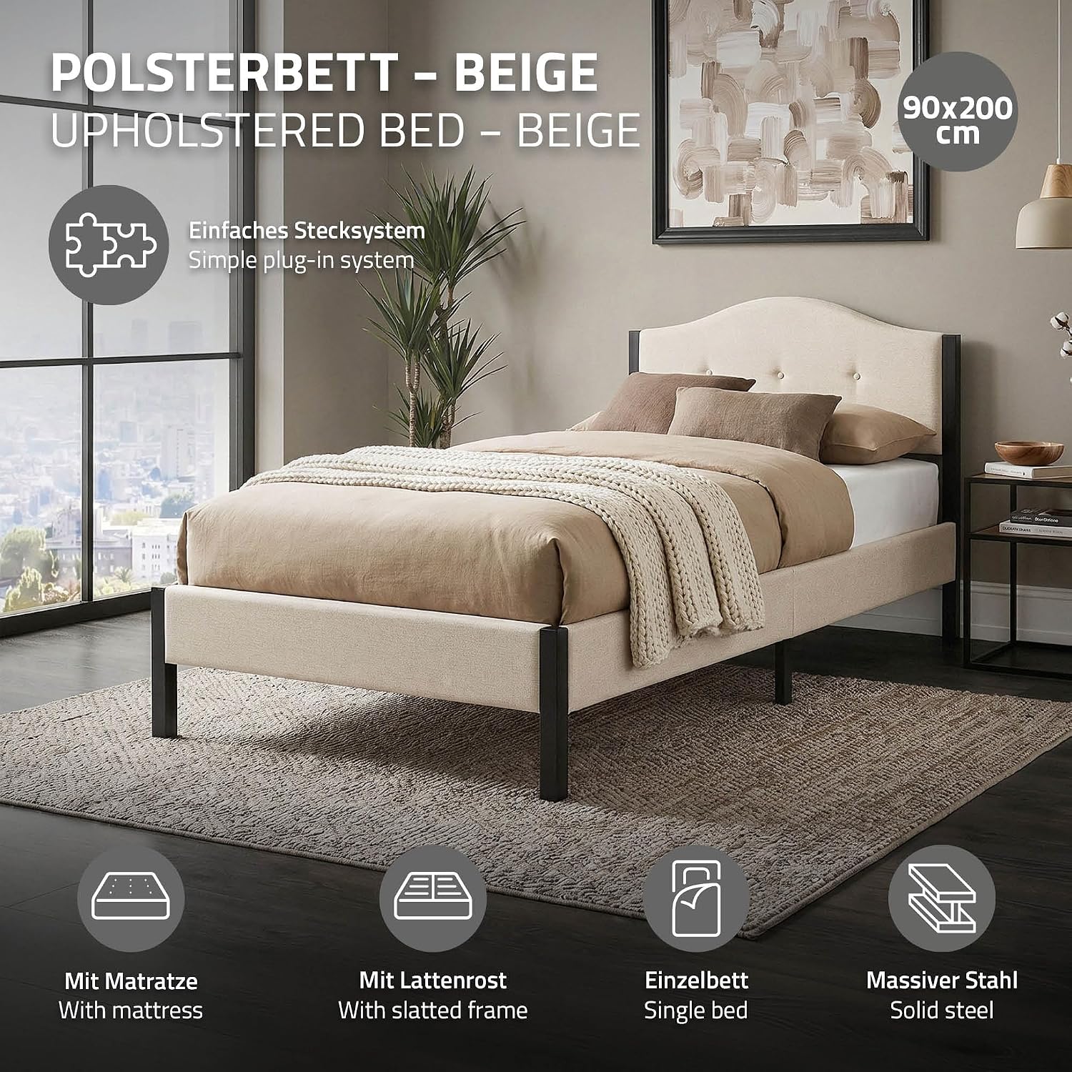 Lit Rembourré ML-Design | Cadre en Acier, Sommier à Lattes, Tête de Lit | Tissu Lin Beige ou Gris | 90/140/160/180 x 200 cm