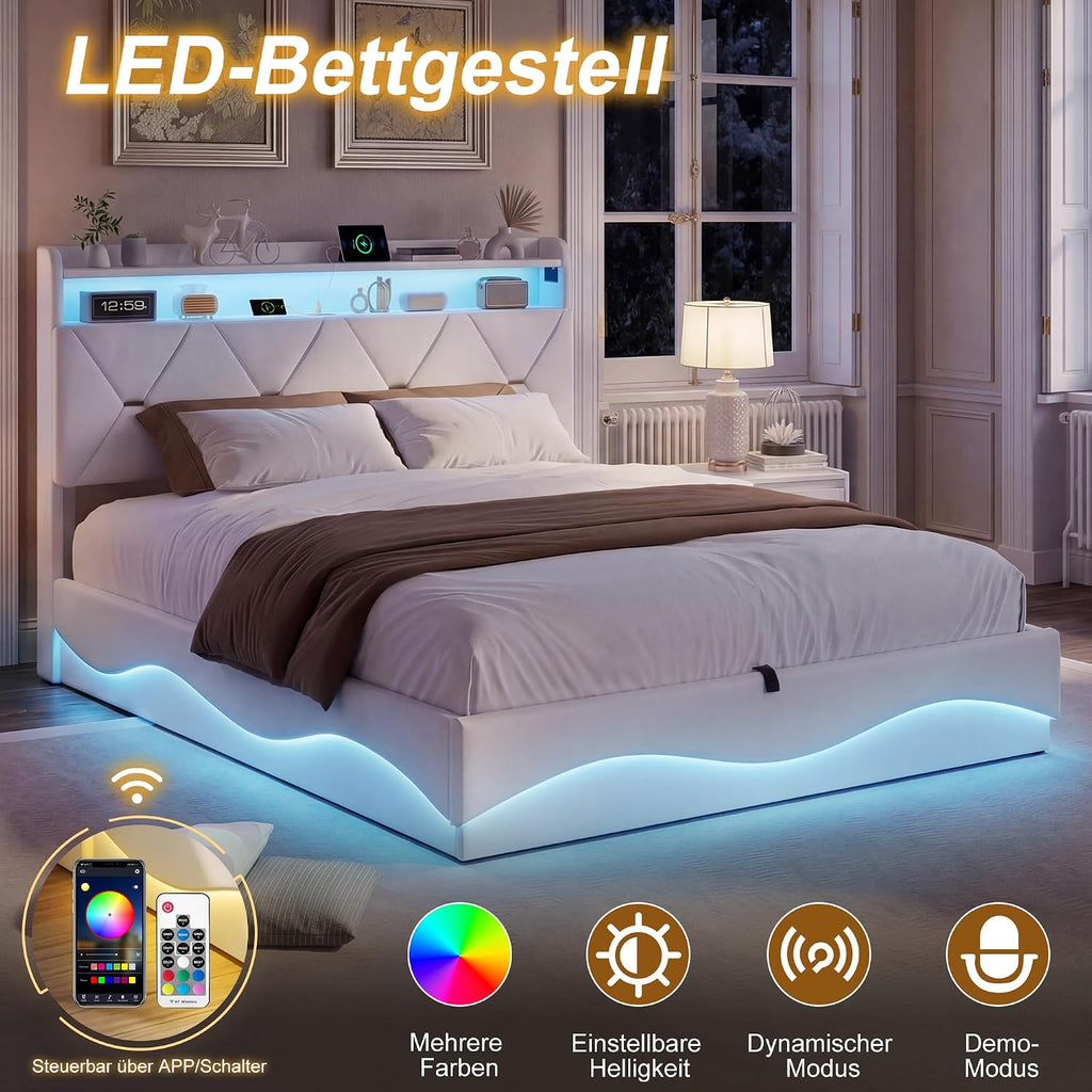 Lit Coffre BRILVERDE | LED RGB & Port USB | Sommier à Lattes | Tissu Lin | 90 à 160 x 200 cm