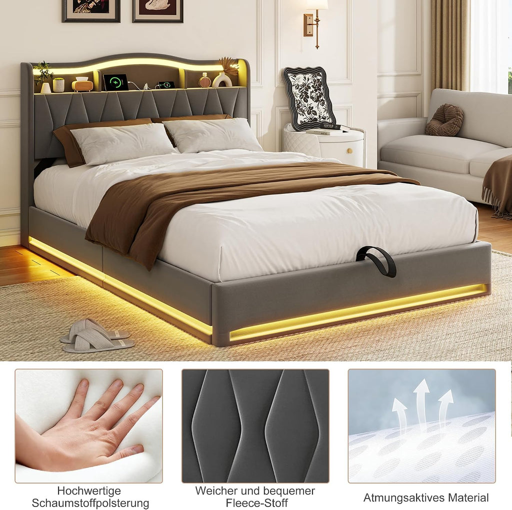 Lit Coffre BRILVERDE | LED RGB & Port USB | Sommier à Lattes | Tissu Lin | 90 à 160 x 200 cm