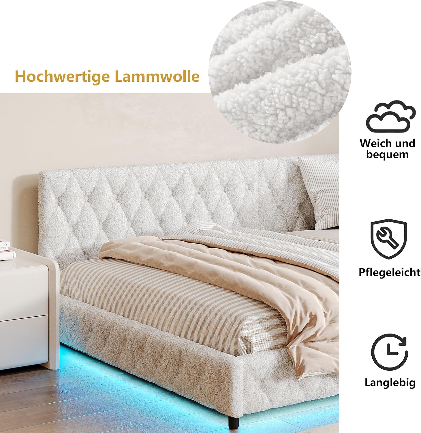 Canapé-Lit Convertible LKPOMI 2 Places — Velours Beige, Lit 180x200 cm
