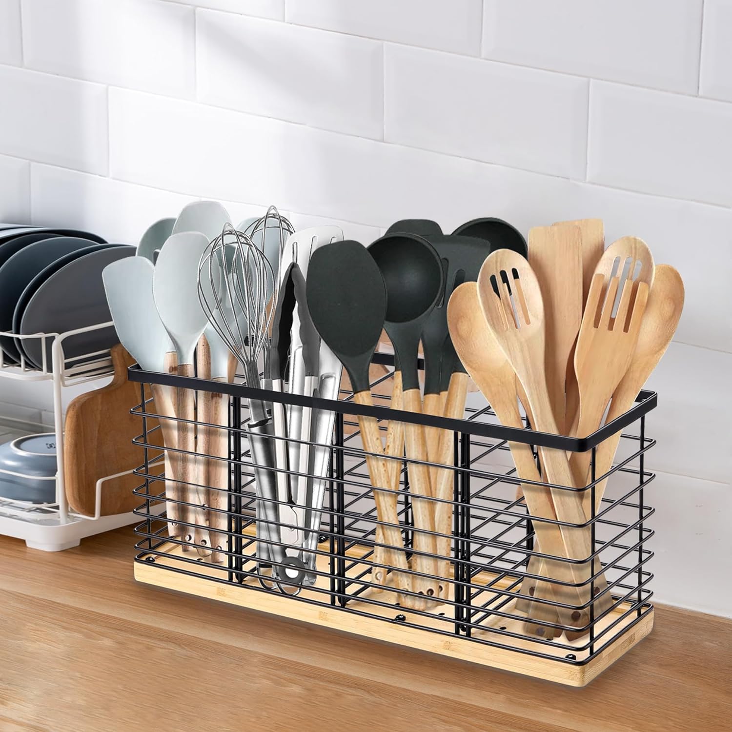 Porte-Ustensiles Suli 4 Compartiments – Métal Noir Mat & Base Bois, 40 x 11 cm, Style Rustique