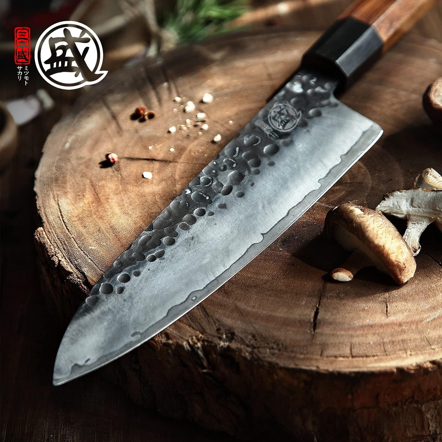 Couteau Gyuto Japonais MITSUMOTO SAKARI 22 cm – Forgé Main, Acier Haute Carbone, Bois de Rose