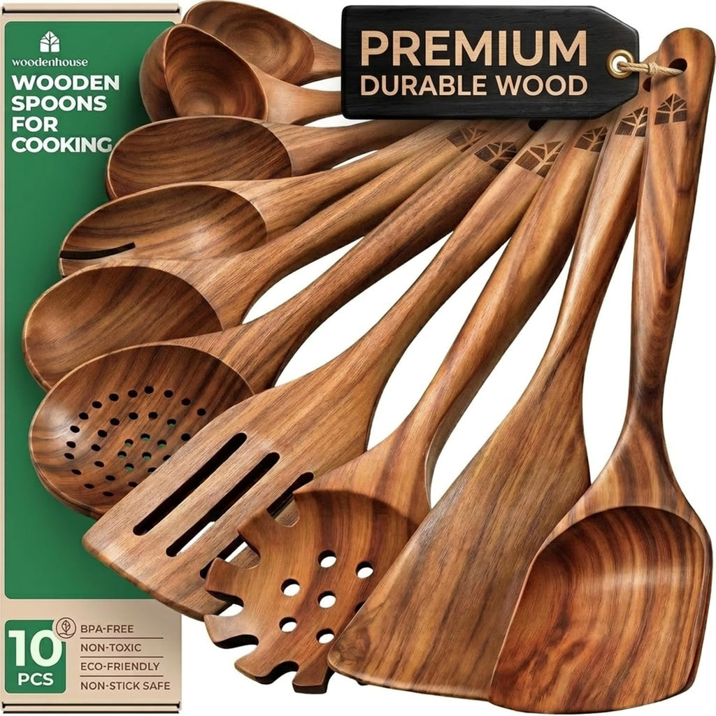 Set d'Ustensiles de Cuisine en Bois de Teck 10 Pièces — Anti-rayures, Sans BPA