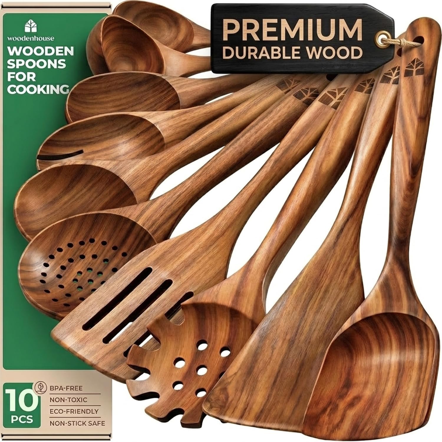 Set d'Ustensiles de Cuisine en Bois de Teck 10 Pièces — Anti-rayures, Sans BPA