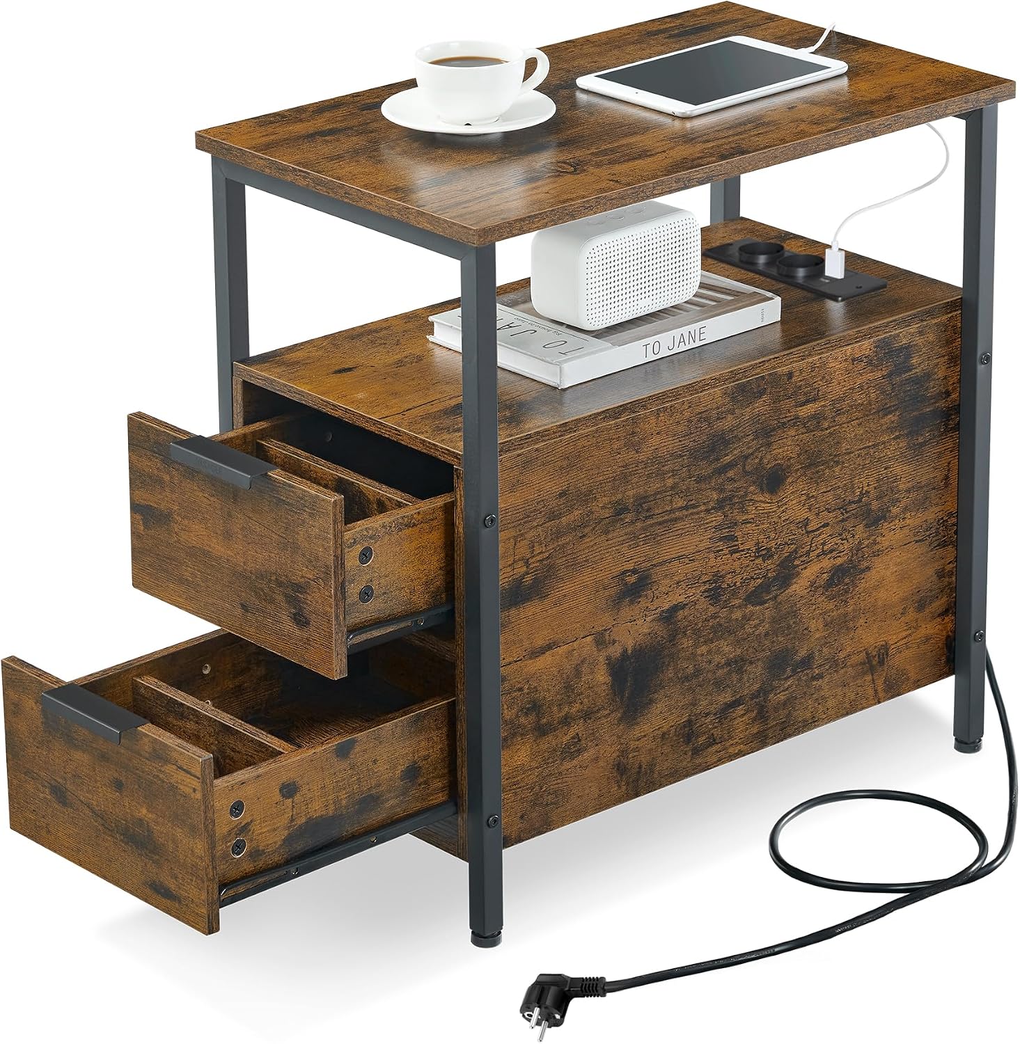 Table de Chevet VASAGLE avec Multiprise – 2 Tiroirs, USB, Style Vintage, 35 x 61 cm