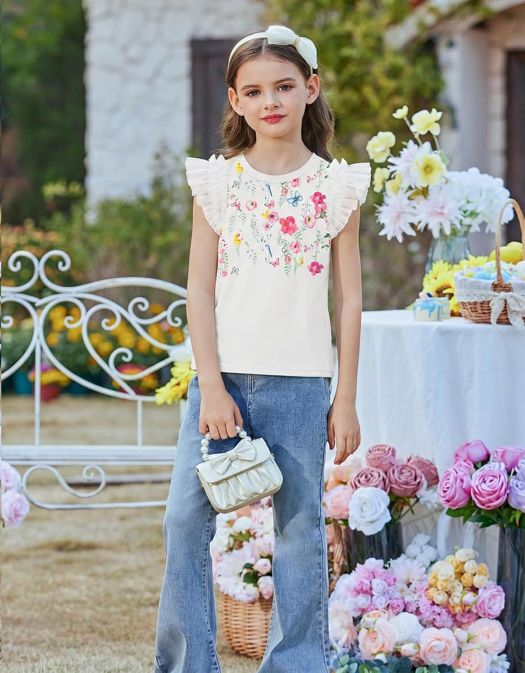 Arshiner T-shirt met kanten mouwen voor meisjes, zomertop, ronde hals, korte mouwen, casual, effen, 5-14 jaar