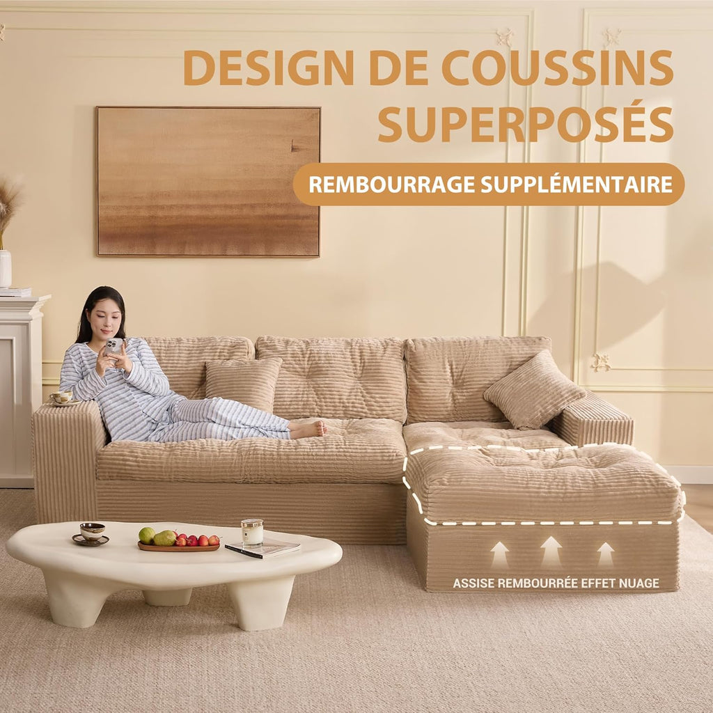 Canapé d'angle modulable Litbird – 3 places + pouf – Velours côtelé beige – Sans montage