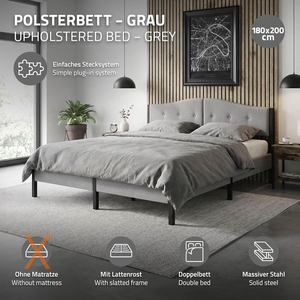 Lit Rembourré ML-Design | Cadre en Acier, Sommier à Lattes, Tête de Lit | Tissu Lin Beige ou Gris | 90/140/160/180 x 200 cm