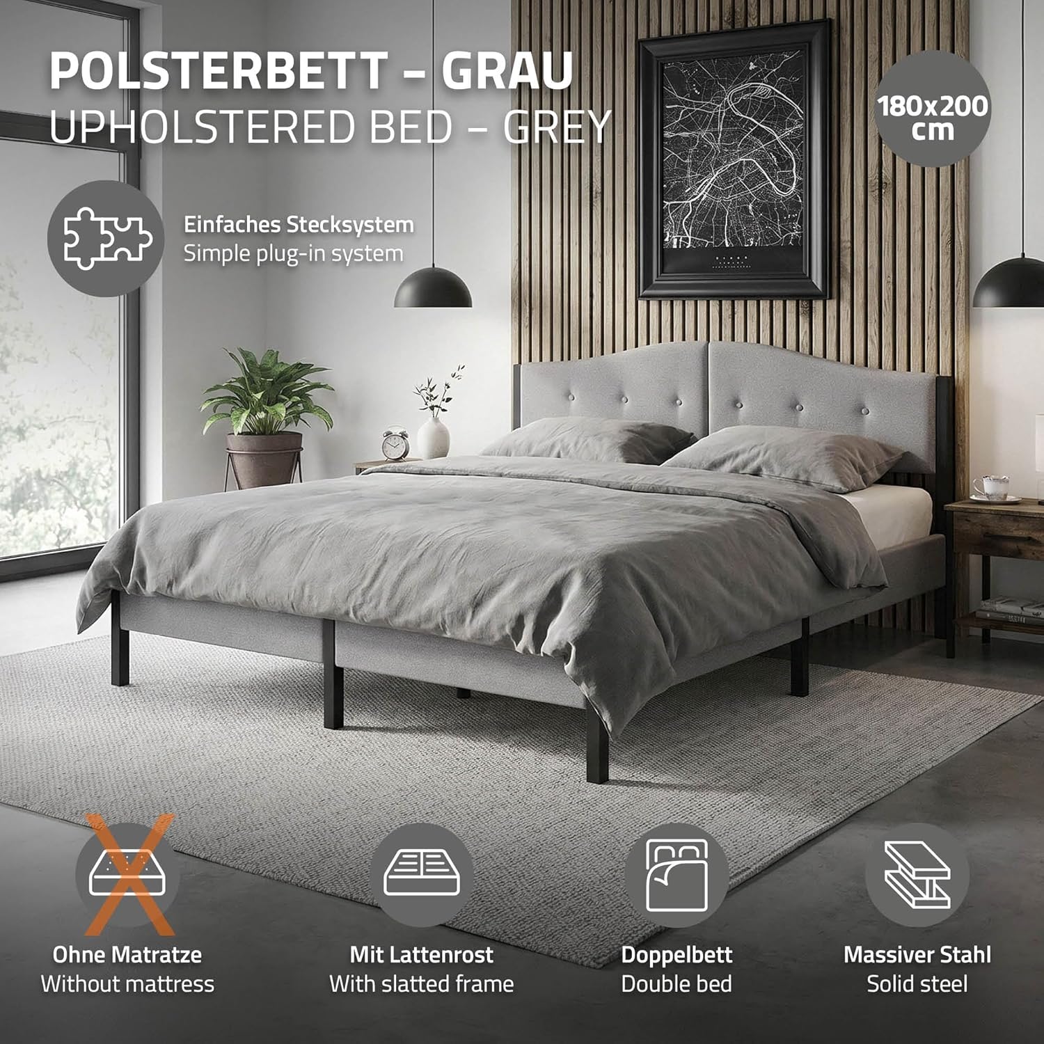 Lit Rembourré ML-Design | Cadre en Acier, Sommier à Lattes, Tête de Lit | Tissu Lin Beige ou Gris | 90/140/160/180 x 200 cm