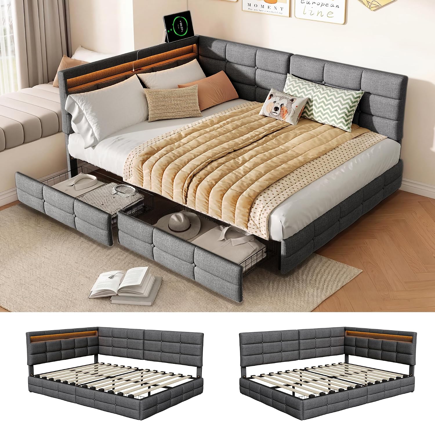 Canapé-Lit Convertible LKPOMI 2 Places — Velours Beige, Lit 180x200 cm