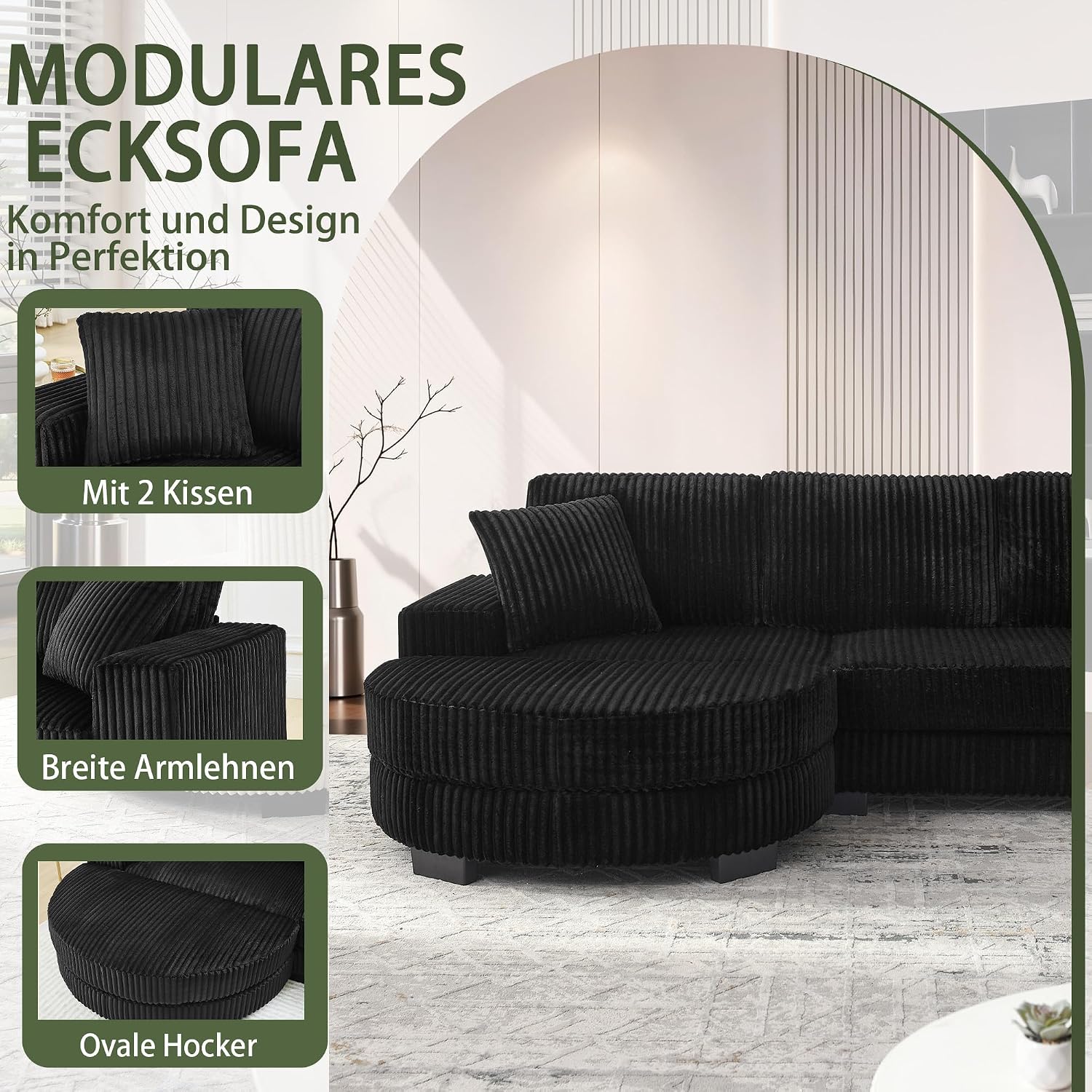 Canapé d'Angle Modulable 3 Places – Mémoire de Forme, Housse Lavable, Sans Montage | Blanc