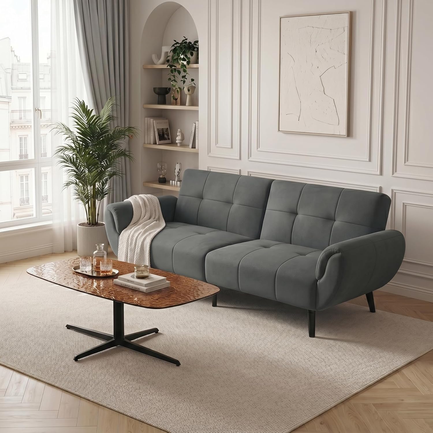 Canapé-lit convertible JIEXI – 3 places – Tissu gris – Dossier 3 positions – 170 cm
