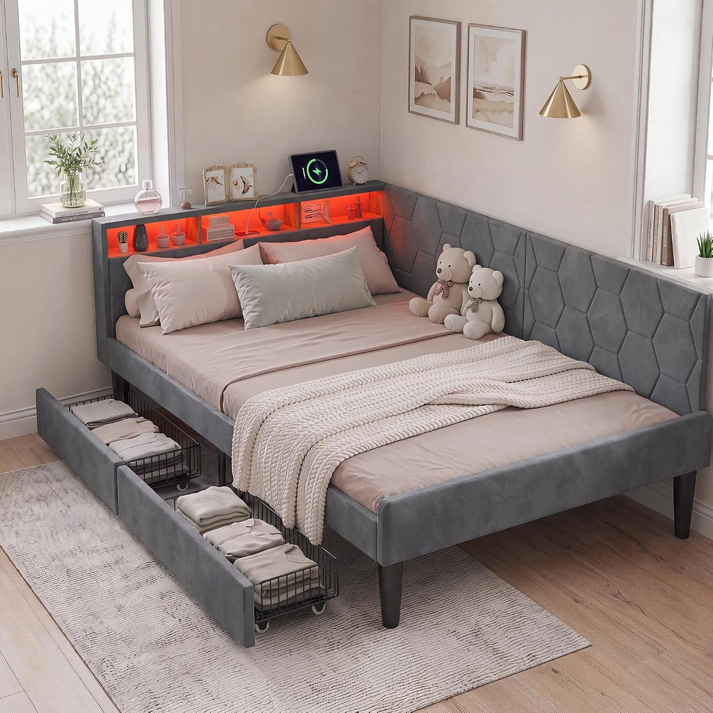 Lit Coffre 90x200 cm – Tête de Lit Rangement, Éclairage LED 16 Couleurs & Ports USB/USB-C