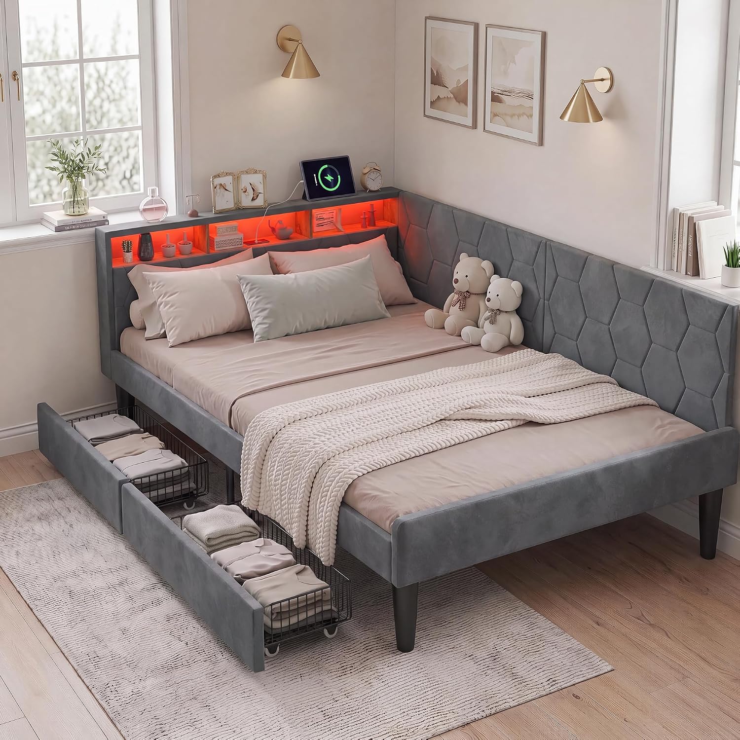Lit Coffre 90x200 cm – Tête de Lit Rangement, Éclairage LED 16 Couleurs & Ports USB/USB-C