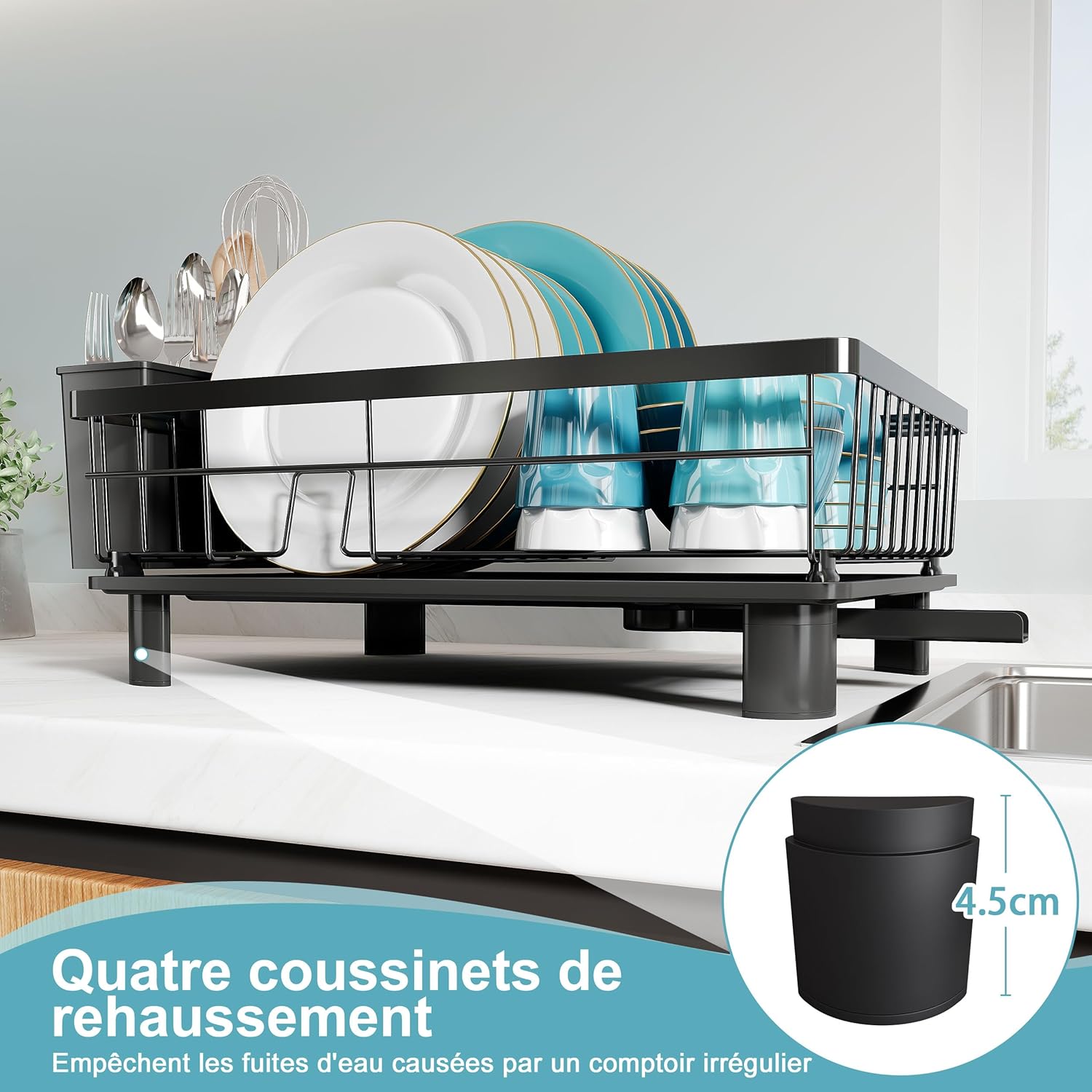Égouttoir à Vaisselle MAJALiS Noir – Inox, Drainage Auto 360°, Porte-ustensiles, 38 x 28 cm
