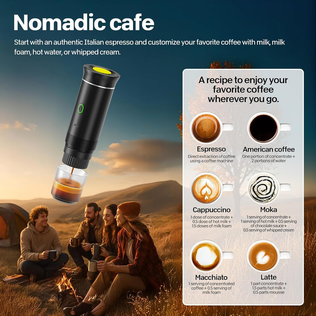 VHV Draagbaar koffiezetapparaat voor reizen, snelle verwarming, 3-in-1, draagbaar, 12 V, automatische verwarming van 4 tot 6 minuten, grote capsules, gemalen koffie, voor camping, kantoor, thuis