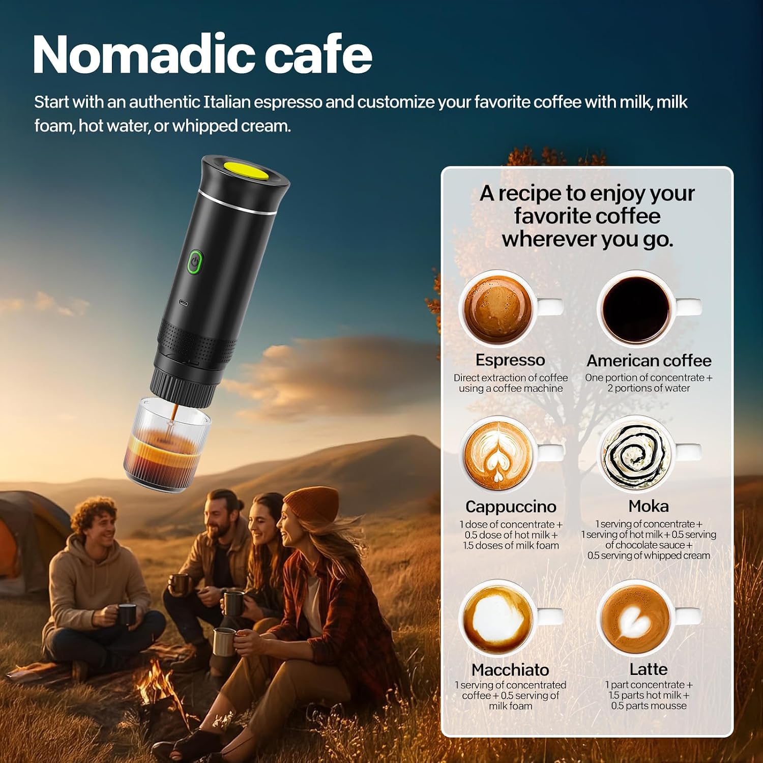 VHV Draagbaar koffiezetapparaat voor reizen, snelle verwarming, 3-in-1, draagbaar, 12 V, automatische verwarming van 4 tot 6 minuten, grote capsules, gemalen koffie, voor camping, kantoor, thuis