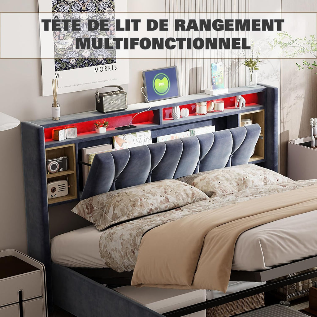 Lit Coffre LED RGB & Port USB | Rangement Hydraulique | Tête de Lit Rembourrée avec Étagères | 90 à 160 x 200 cm