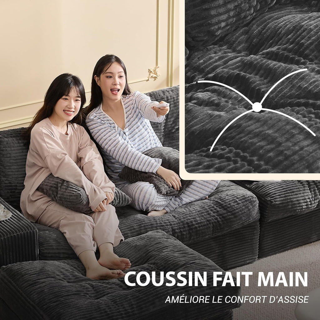 Canapé d'angle modulable Litbird – 3 places + pouf – Velours côtelé beige – Sans montage