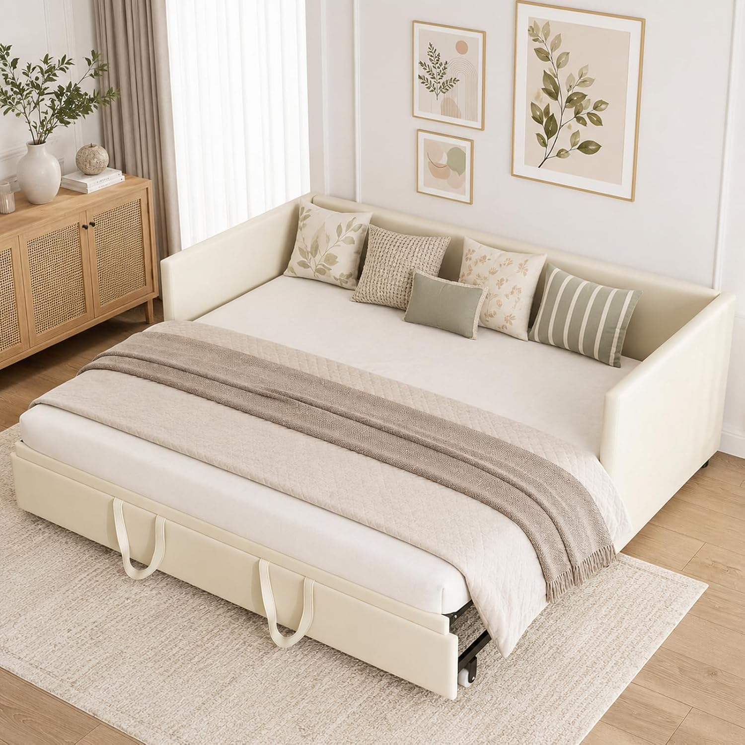 Canapé-Lit Convertible LKPOMI 2 Places — Velours Beige, Lit 180x200 cm