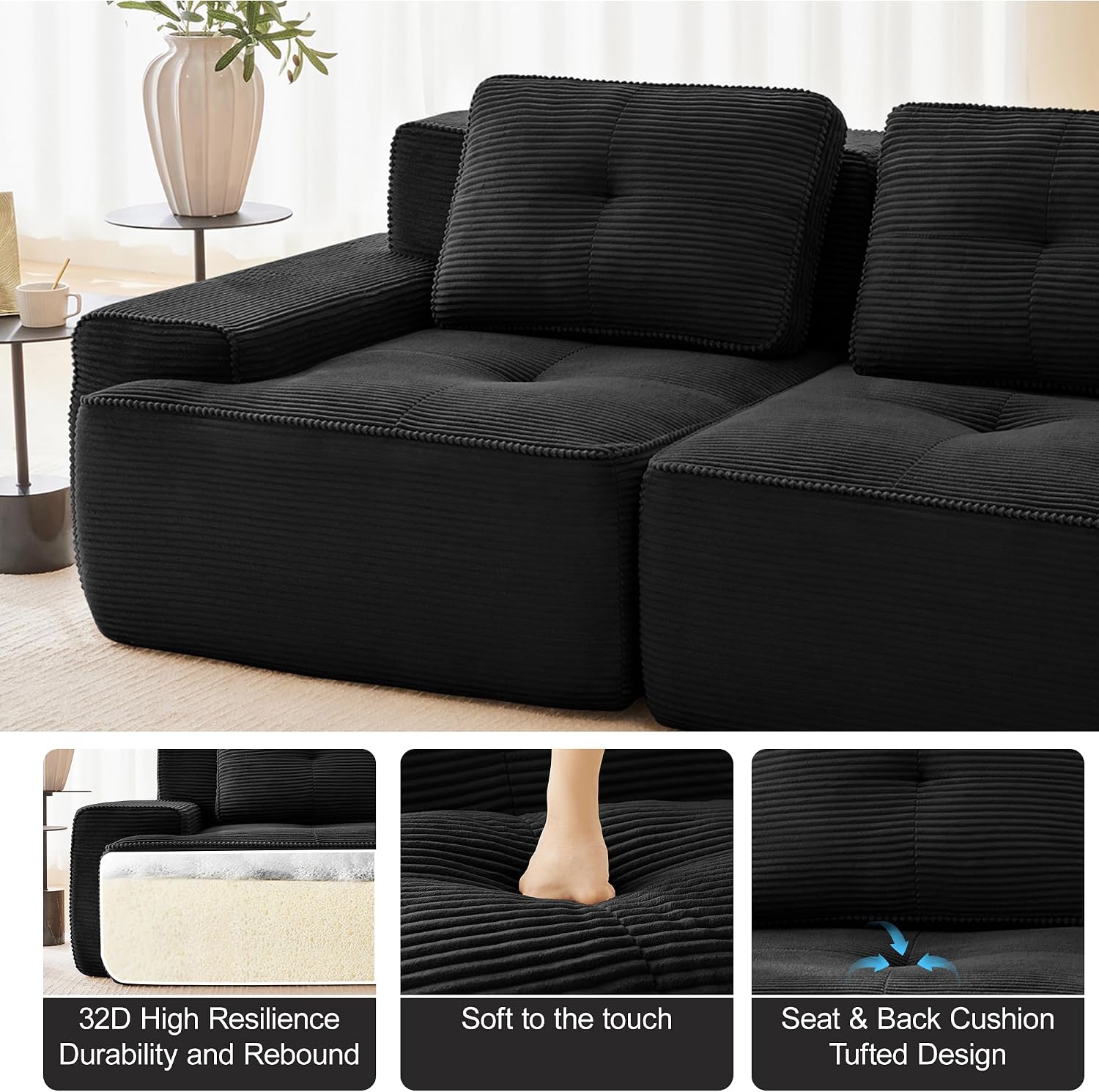 Canapé modulable en L Bladez – 3+1 places – Tissu côtelé kaki clair – Assise profonde