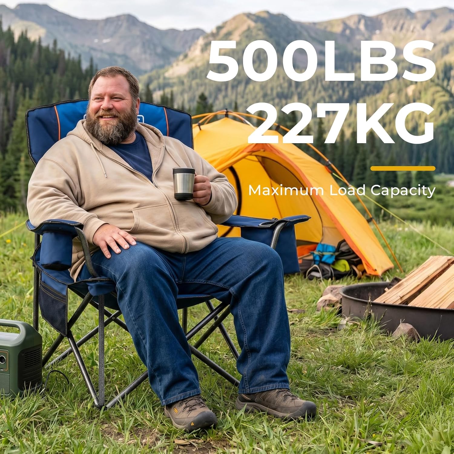 OVERMONT Extra grote campingstoel, volledig gevoerd, met koeltas en draagtas, robuuste klapstoel, draagbaar, belastbaar tot 175 kg, voor buiten, strand, tuin, picknick