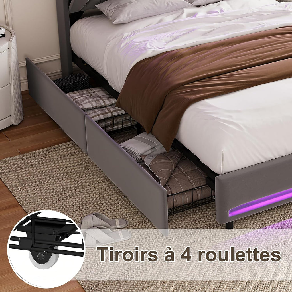 Lit Double 140x200 cm – 4 Tiroirs de Rangement, Éclairage LED +6000 Couleurs & Tête de Lit Réglable en PU