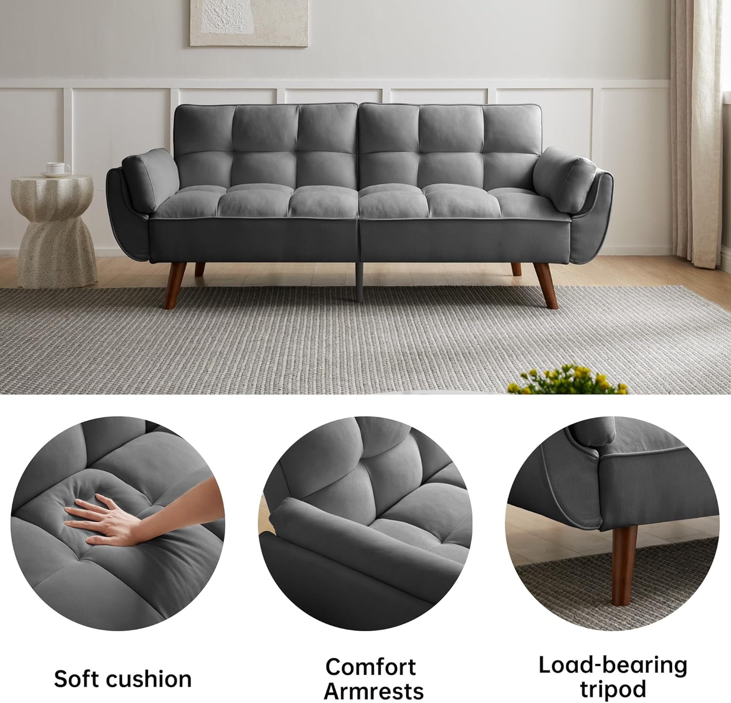 Canapé-lit convertible JIEXI – 3 places – Tissu gris – Dossier 3 positions – 170 cm