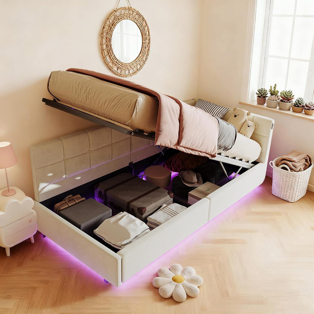 Lit Coffre 90x200 cm – Tête de Lit Rangement, Éclairage LED 16 Couleurs & Ports USB/USB-C