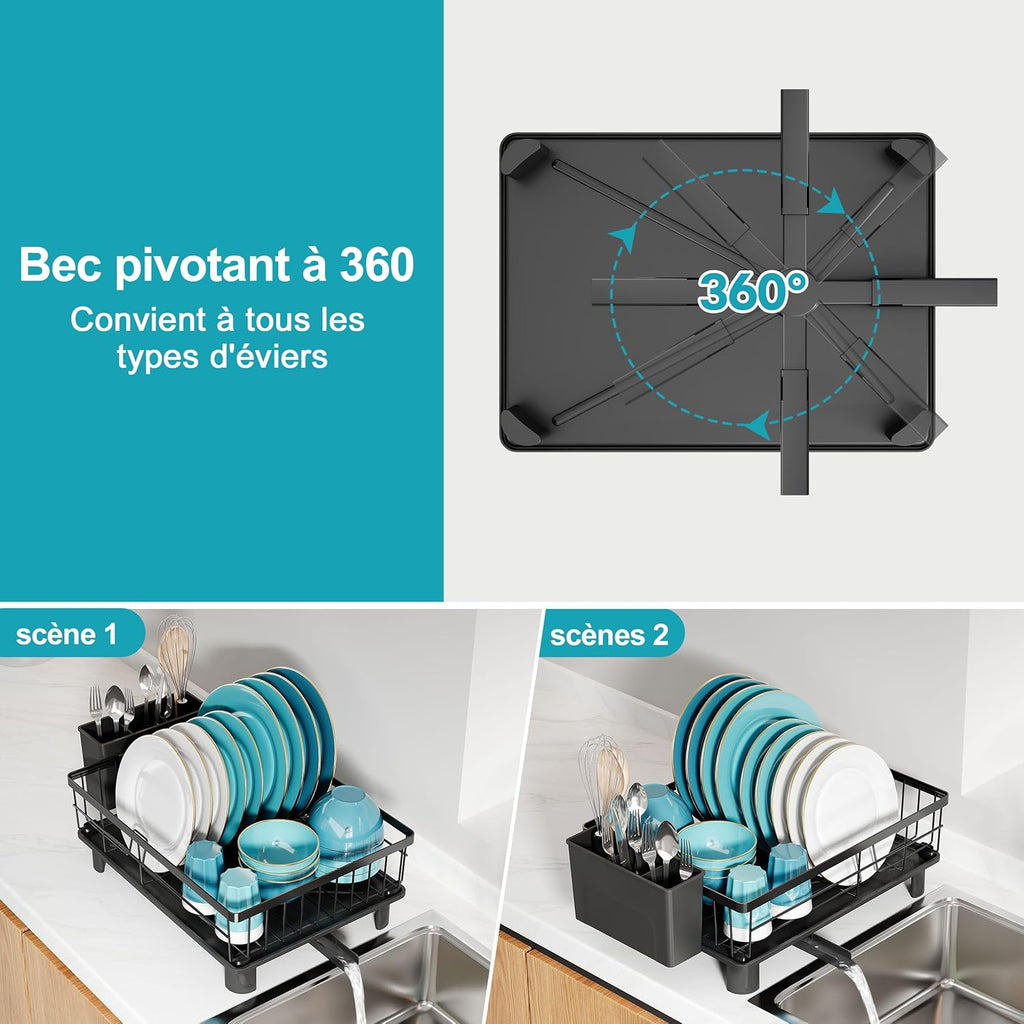 Égouttoir à Vaisselle MAJALiS Noir – Inox, Drainage Auto 360°, Porte-ustensiles, 38 x 28 cm