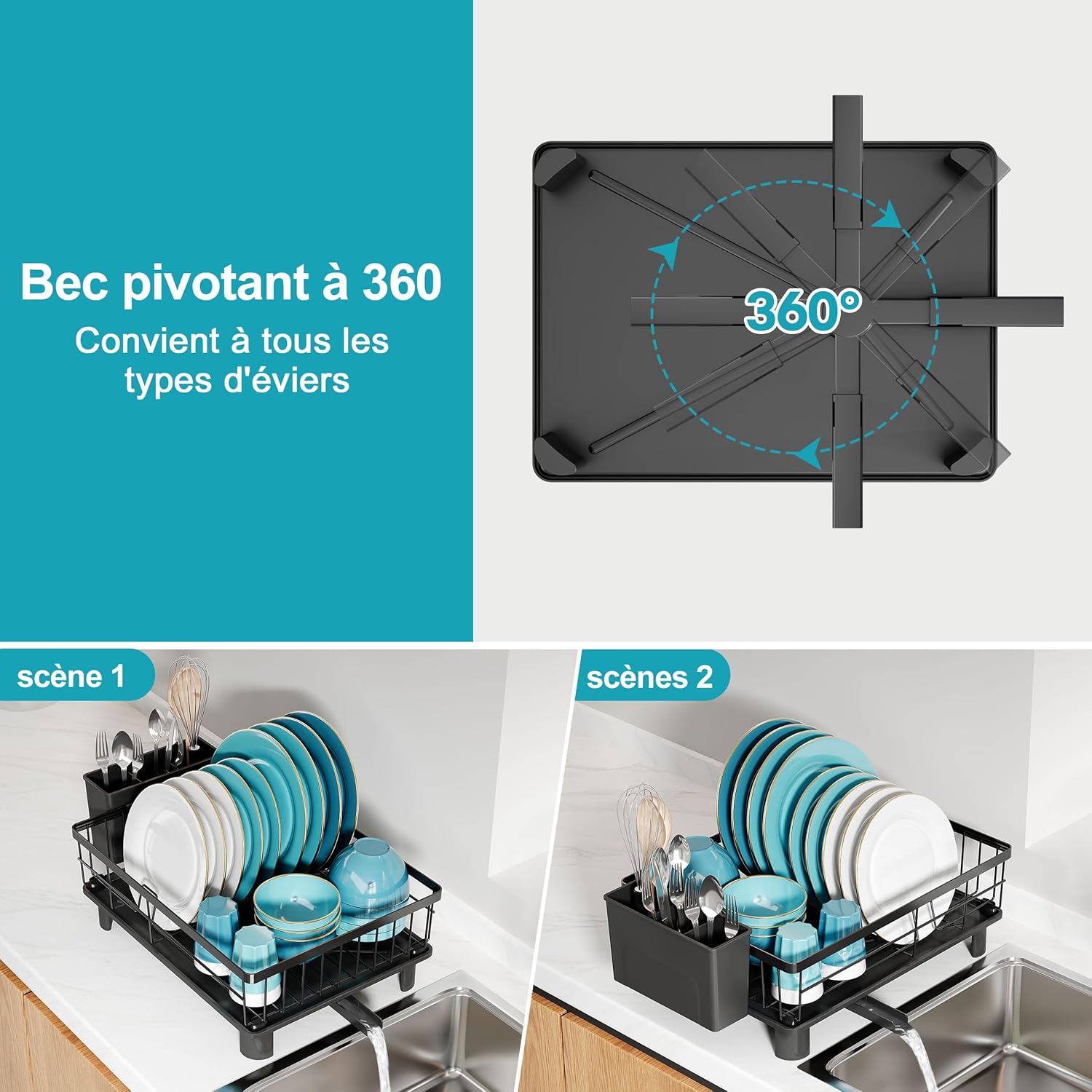 Égouttoir à Vaisselle MAJALiS Noir – Inox, Drainage Auto 360°, Porte-ustensiles, 38 x 28 cm