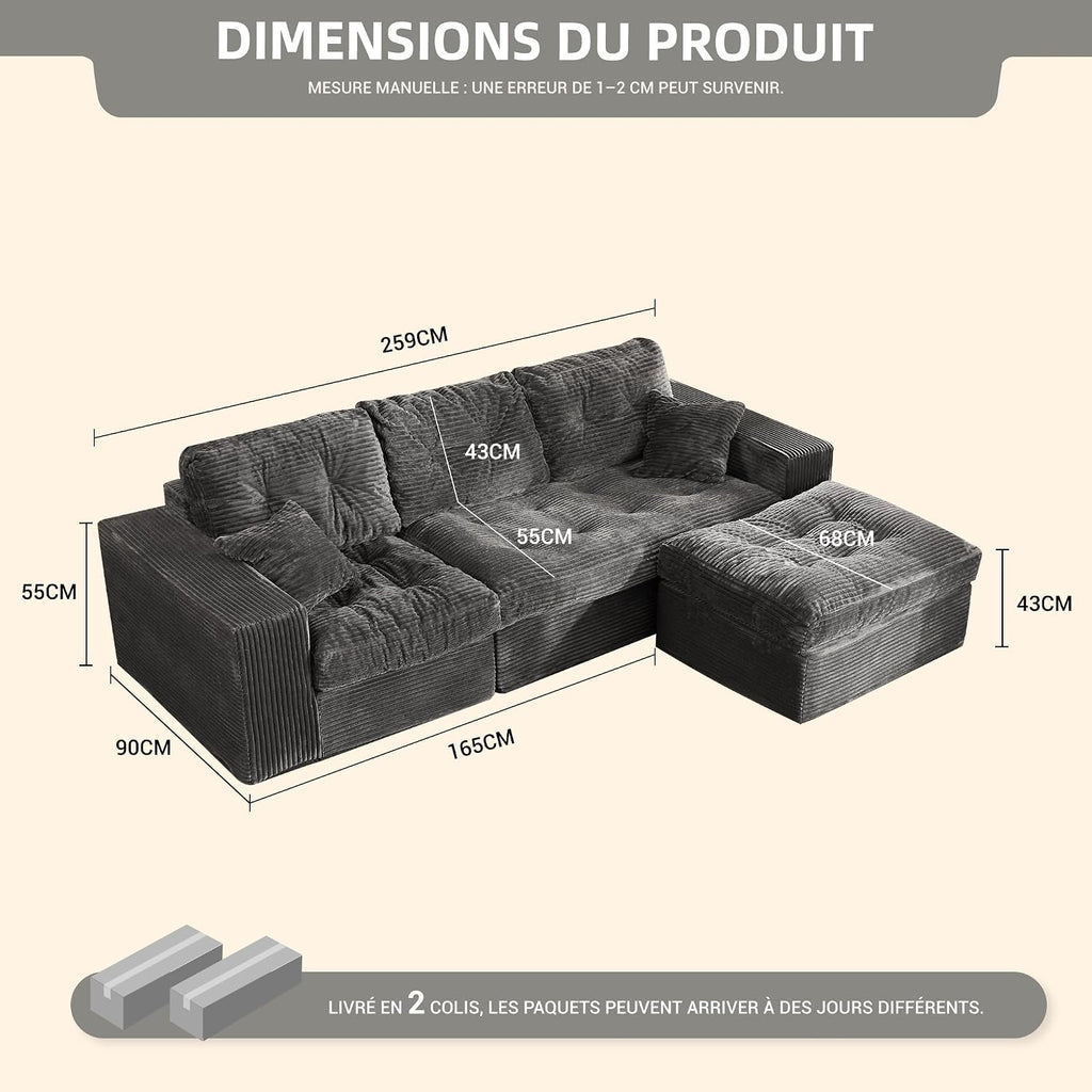 Canapé d'angle modulable Litbird – 3 places + pouf – Velours côtelé beige – Sans montage