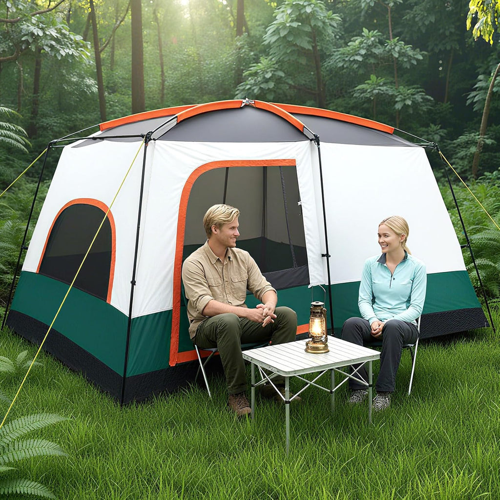 GYMAX Grote campingtent met luifel, 2 aparte slaapkamers, dakraam, afneembaar regenzeil, deuren en ramen, oprolbaar, voor buiten, concerten, picknick