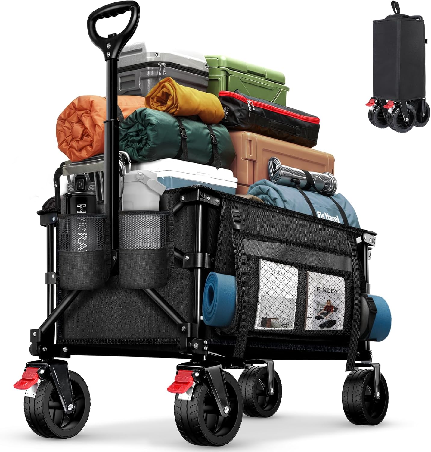 BELEEV Opvouwbare trolley met remmen, strandwagen 6 inch wielen voor alle terreinen, verstelbare handgreep, grote capaciteit van 130 l, 100 kg, voor buiten, camping, festival, BBQ, picknick, camping, zwart