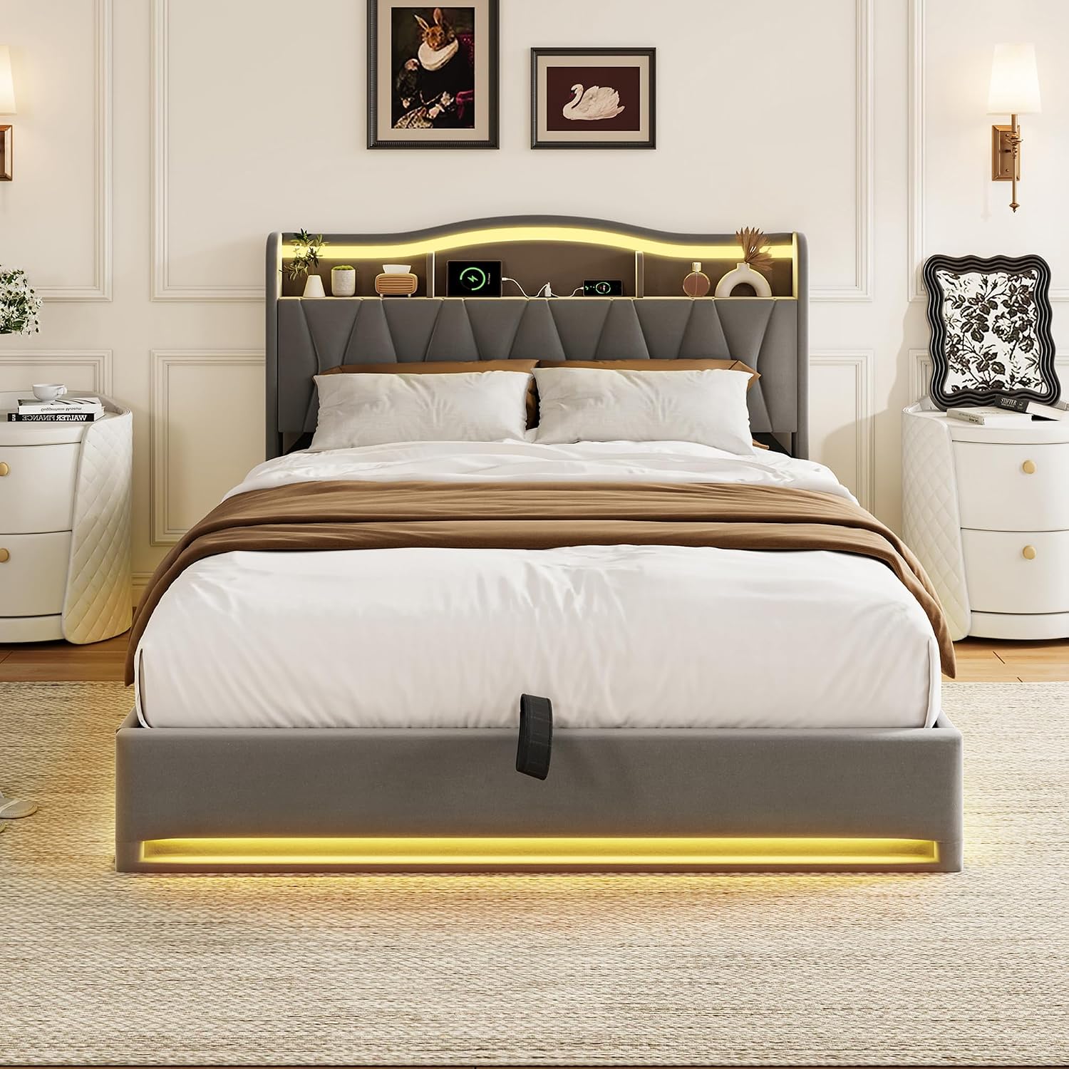 Lit Coffre BRILVERDE | LED RGB & Port USB | Sommier à Lattes | Tissu Lin | 90 à 160 x 200 cm