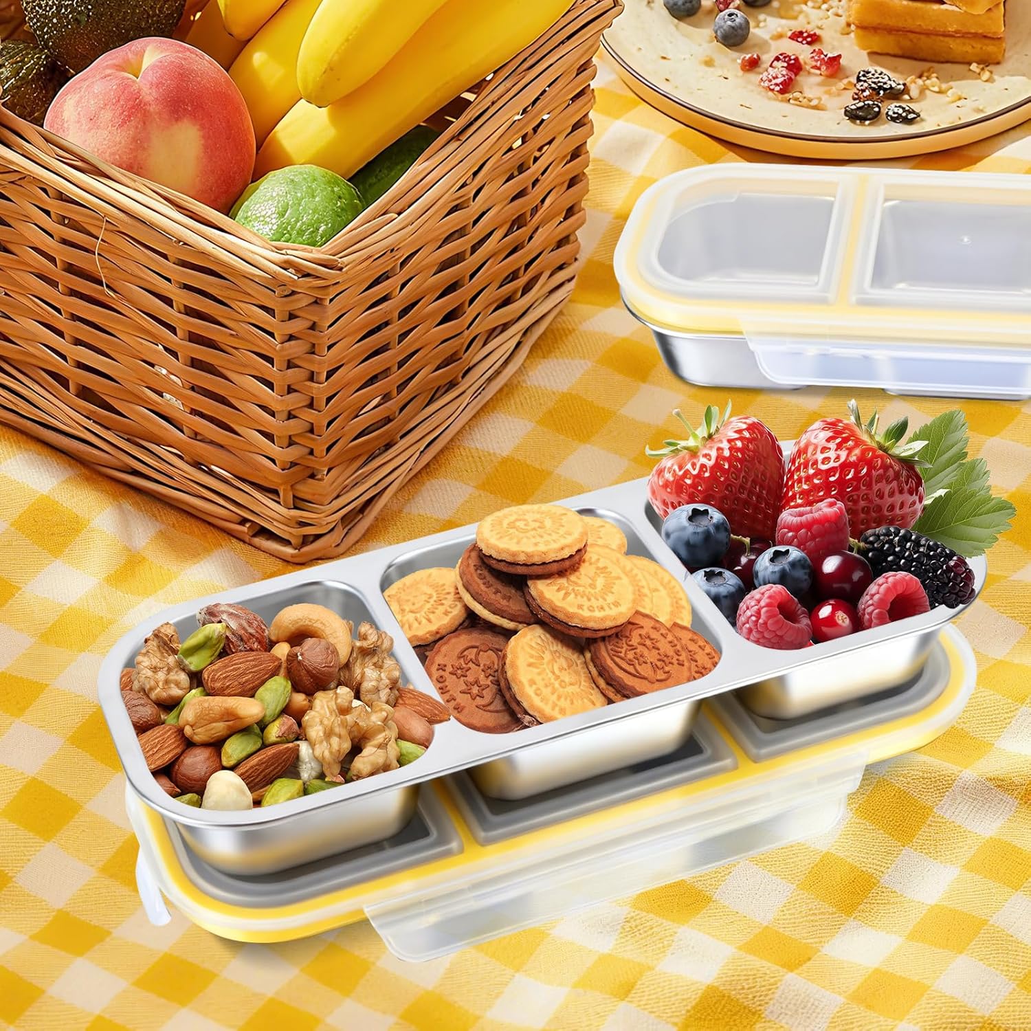 Snackbox met vakken, roestvrij staal, snackbox voor kinderen, met 3 vakken, BPA-vrij, voor snoep, specerijen, noten, koekjes, groenten, school, werk, 26,2 x 10,3 cm