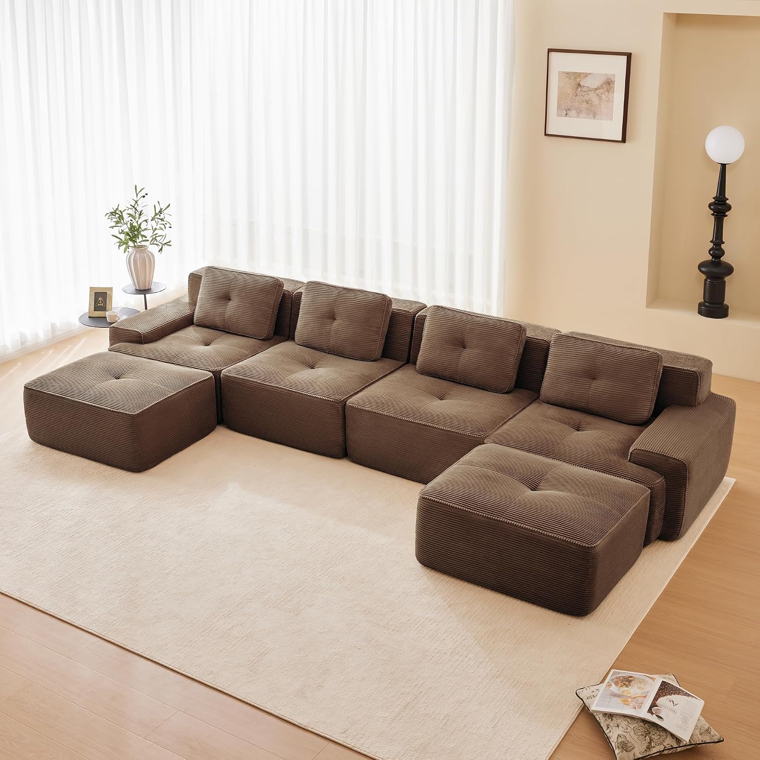 Canapé modulable en L Bladez – 3+1 places – Tissu côtelé kaki clair – Assise profonde