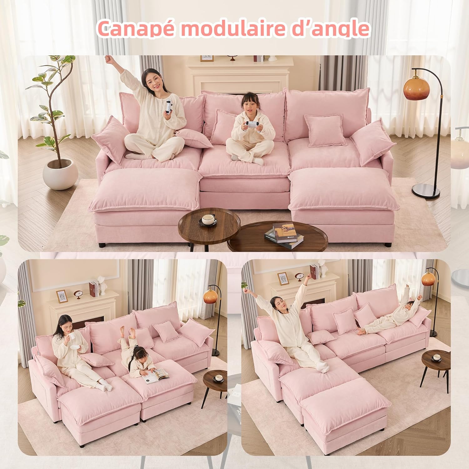 Canapé Modulable Litbird 3 Places — Velours Côtelé, Rose Pâle, Convertible