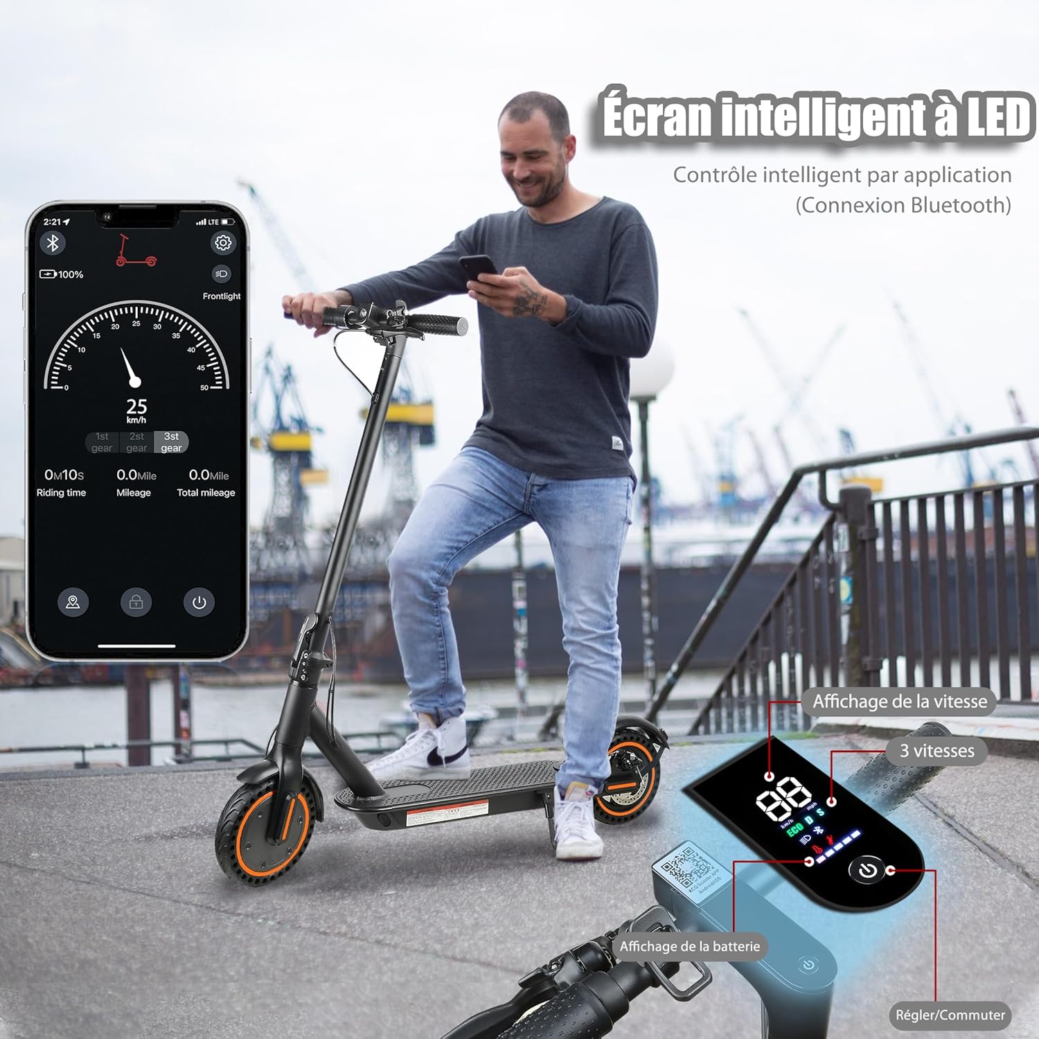 Elektrische step voor volwassenen, snelheid 25 km/u, looptijd 30 km, 8,5 inch massieve banden, opvouwbare elektrische step met motor van 250 W, dubbele rem en bediening via app en led-display