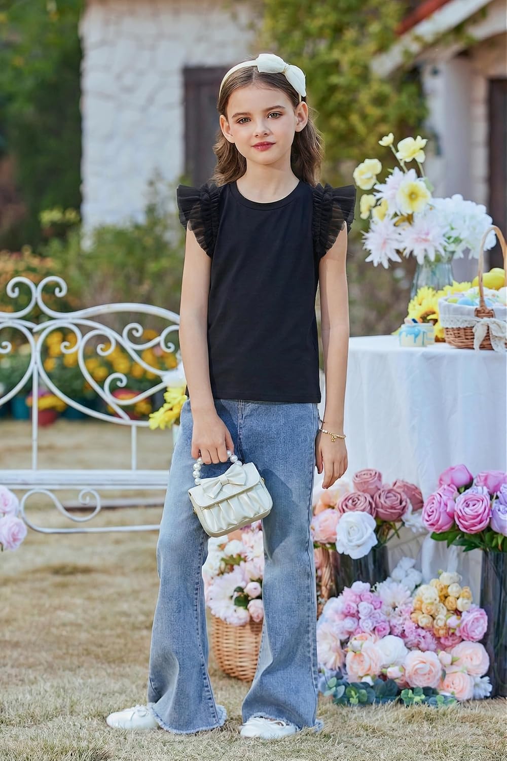 Arshiner T-shirt met kanten mouwen voor meisjes, zomertop, ronde hals, korte mouwen, casual, effen, 5-14 jaar