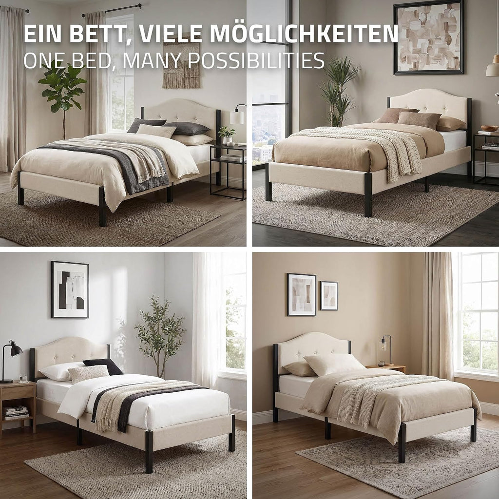 Lit Rembourré ML-Design | Cadre en Acier, Sommier à Lattes, Tête de Lit | Tissu Lin Beige ou Gris | 90/140/160/180 x 200 cm