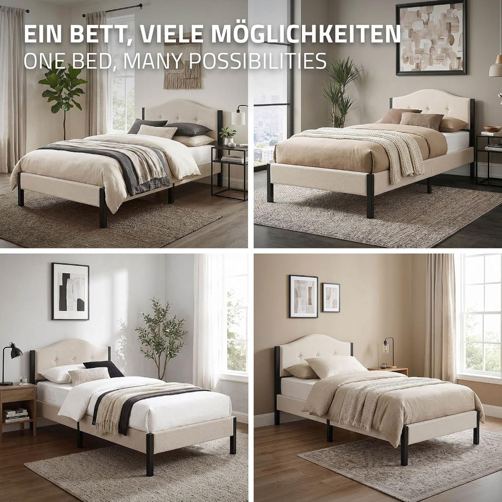 Lit Rembourré ML-Design | Cadre en Acier, Sommier à Lattes, Tête de Lit | Tissu Lin Beige ou Gris | 90/140/160/180 x 200 cm