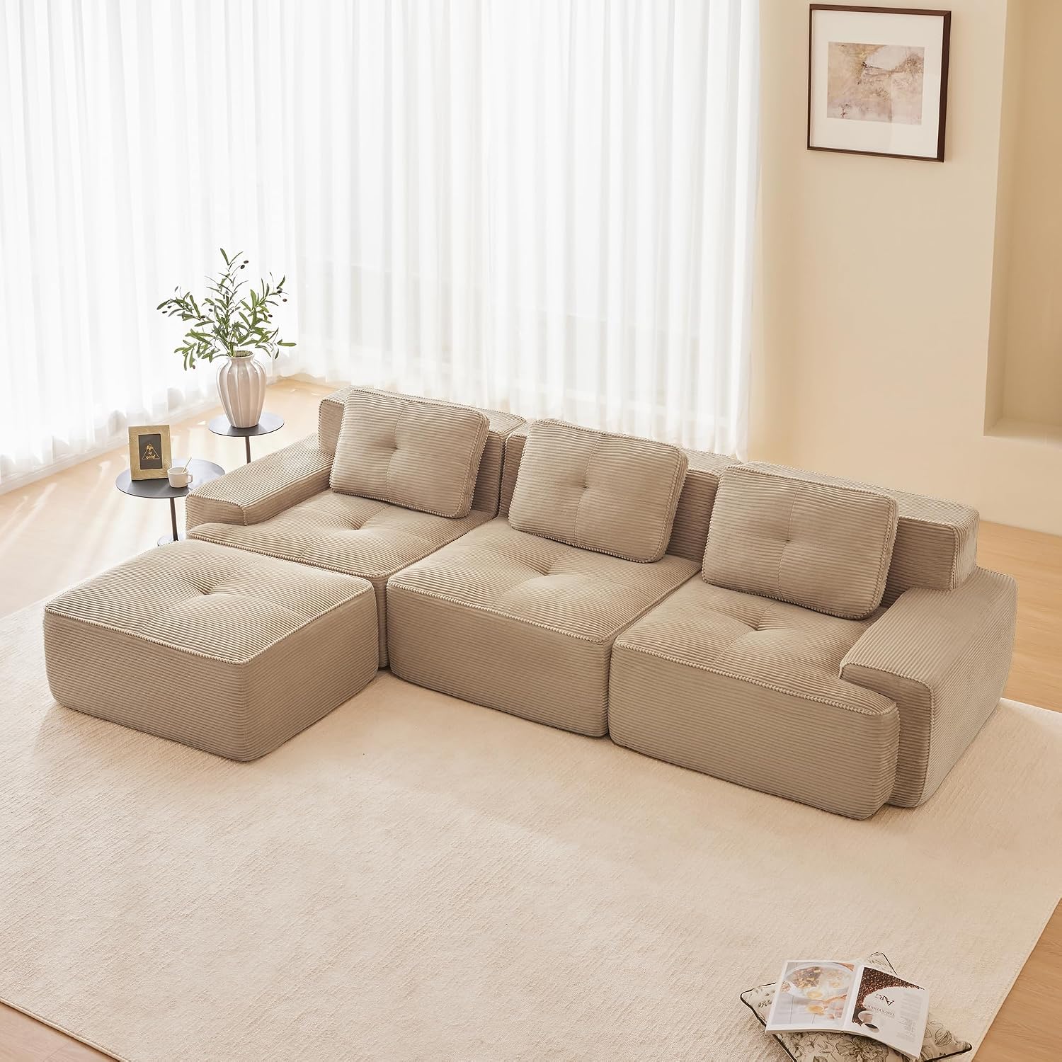 Canapé modulable en L Bladez – 3+1 places – Tissu côtelé kaki clair – Assise profonde