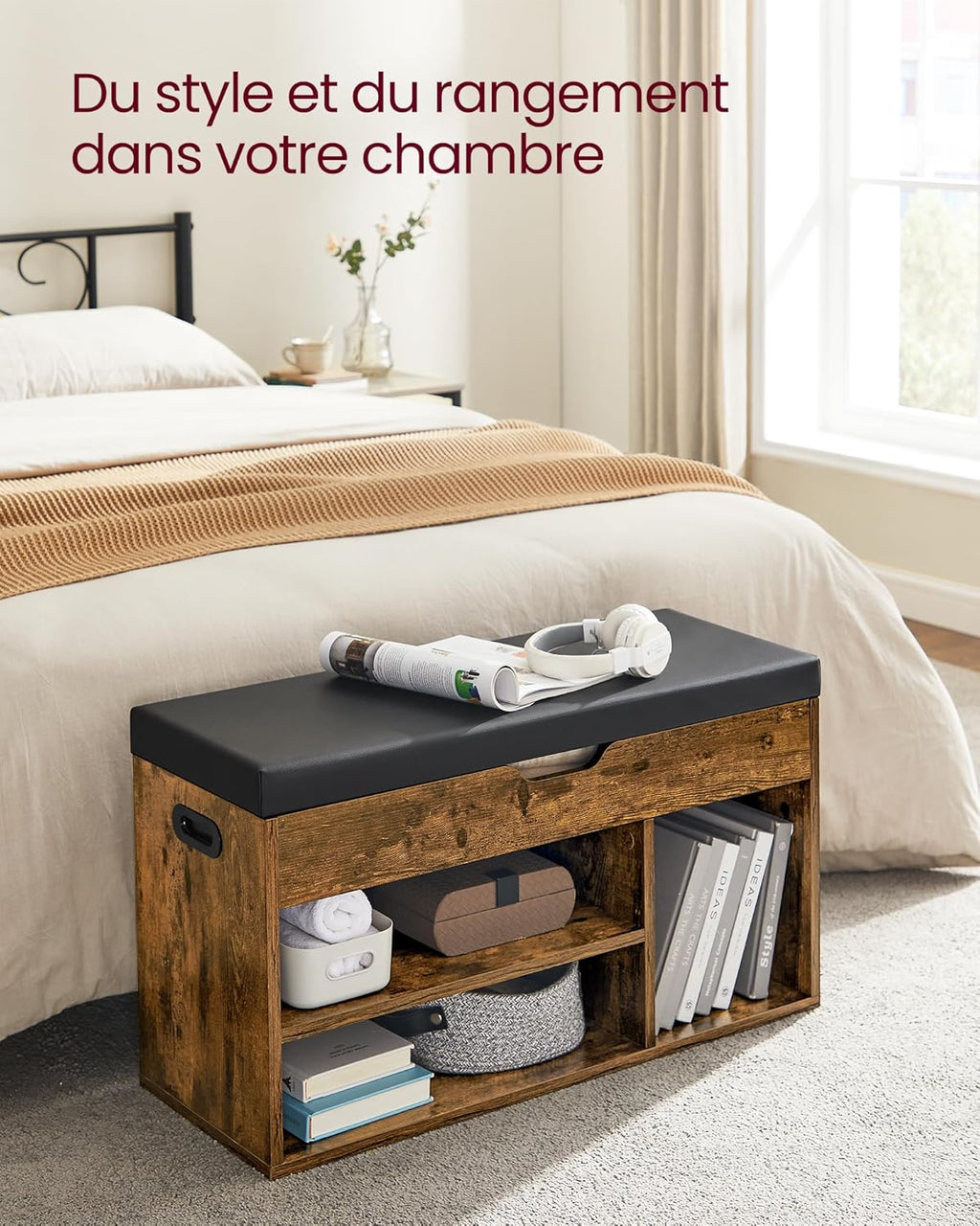 Banc à Chaussures Rembourré VASAGLE – Rangement 3 Compartiments, Style Vintage, 80 cm
